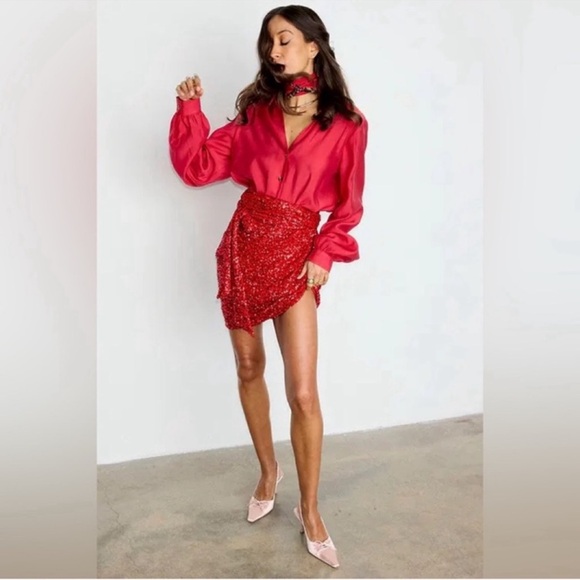 NWT Never Fully Dressed Red Sequin Mini Jaspre Wrap Skirt Sz US 6
